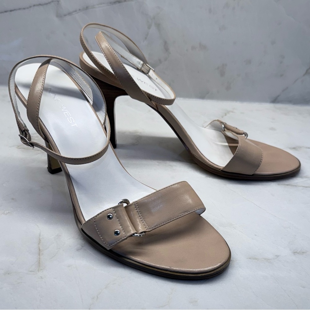 Nine West Beige/Nude Genuine Leather Strappy Heel Sandals - Size 9